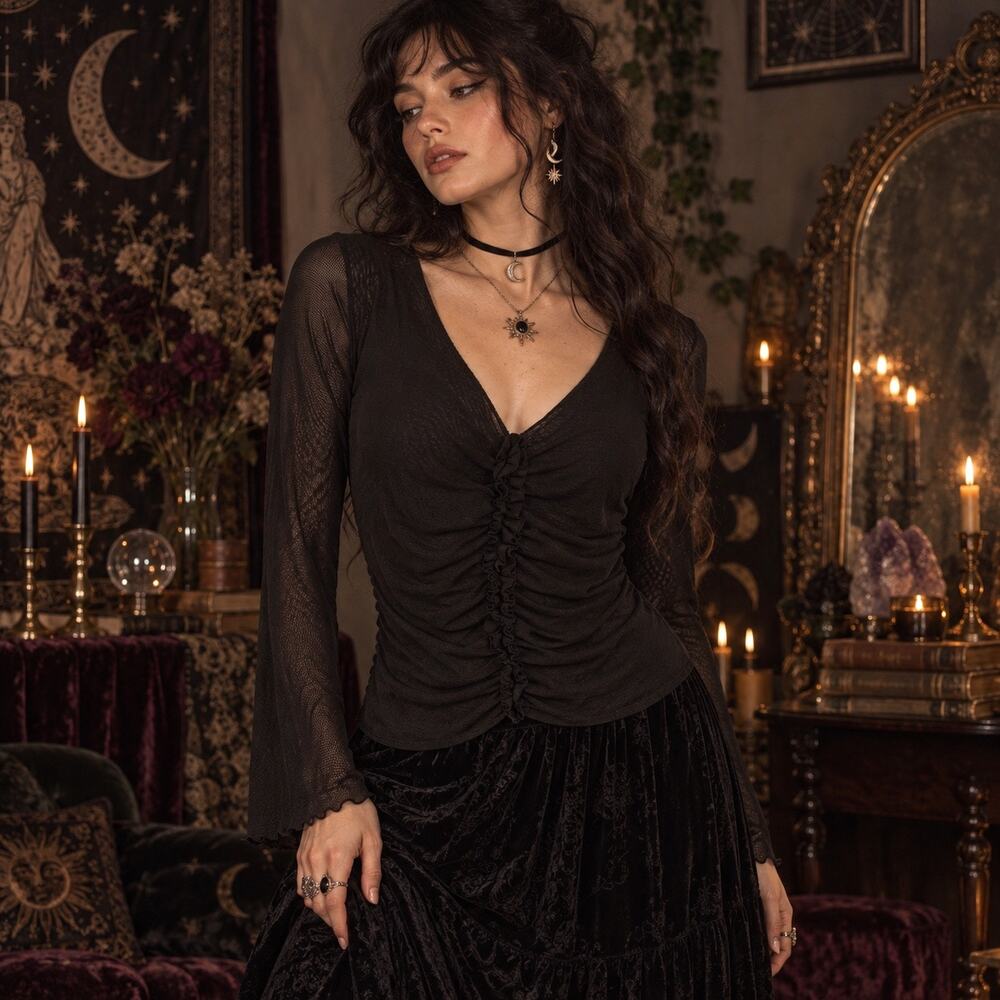Vtg Y2K Hanky Pany Mesh Ruched Womens Top Sz L Whimsigoth Dark Coquette Sheer